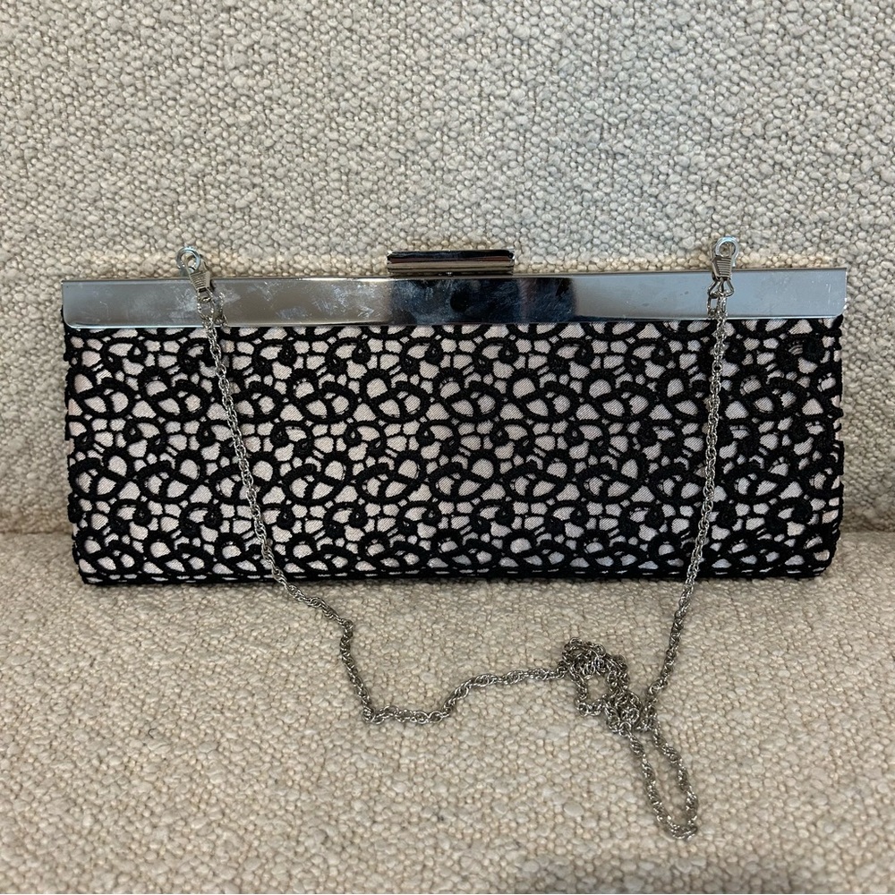 Le Chateau Lace Framed Evening Clutch Bag Shoulder Strap Black Nude Silver